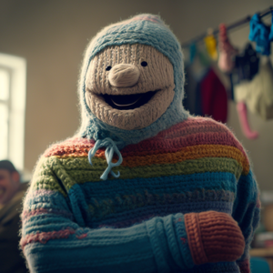 a happy person made out of yarn wearing comfortable clothing, representing autism clothing adjustments