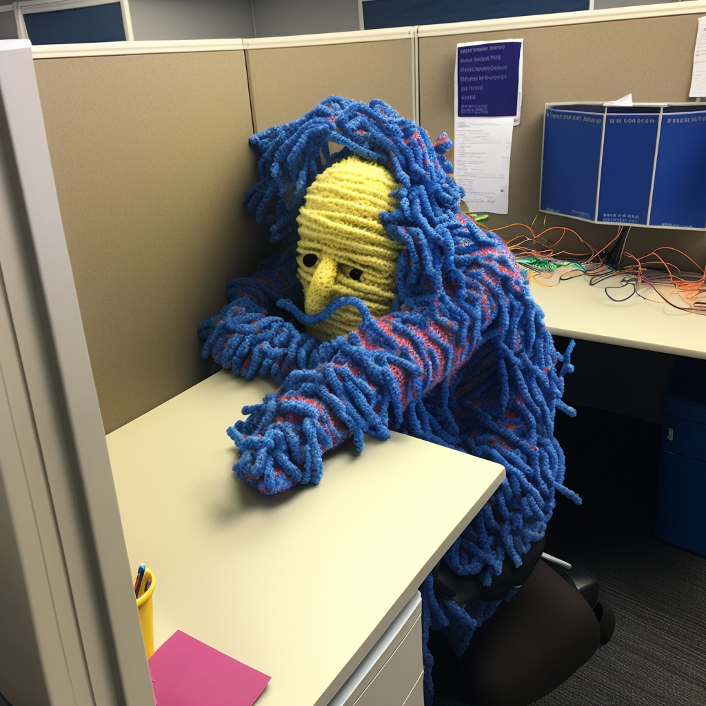 A person made out of yarn sitting in a cubicle showing the importance of autistic employees accommodations