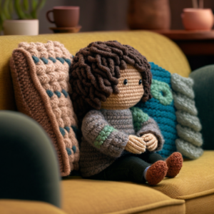 A person made out of yarn sitting on their couch, representing an autism friendly home environment.