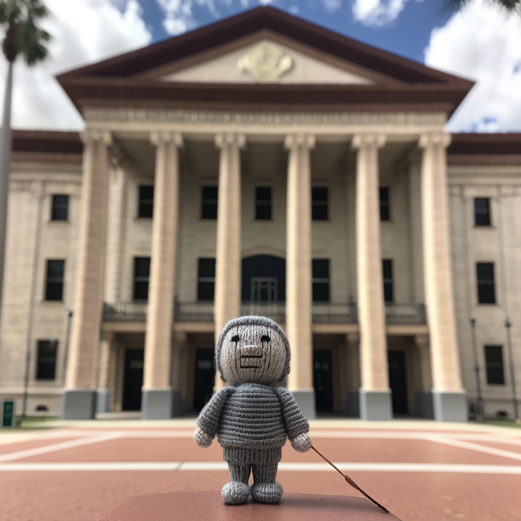 A person made out of yarn standing on front of a courthouse.