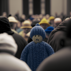 A person made out of yarn stands in a blurred crowd, representing the challenges of managing autistic meltdowns.