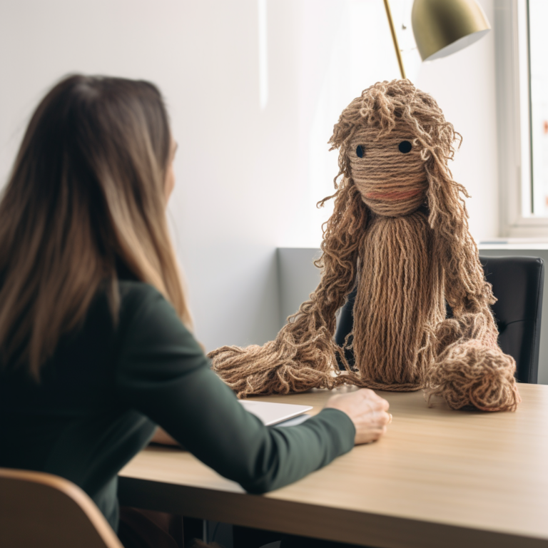 A person made out of yarn being interviewed for a job, representing autistic adults employment challenges.