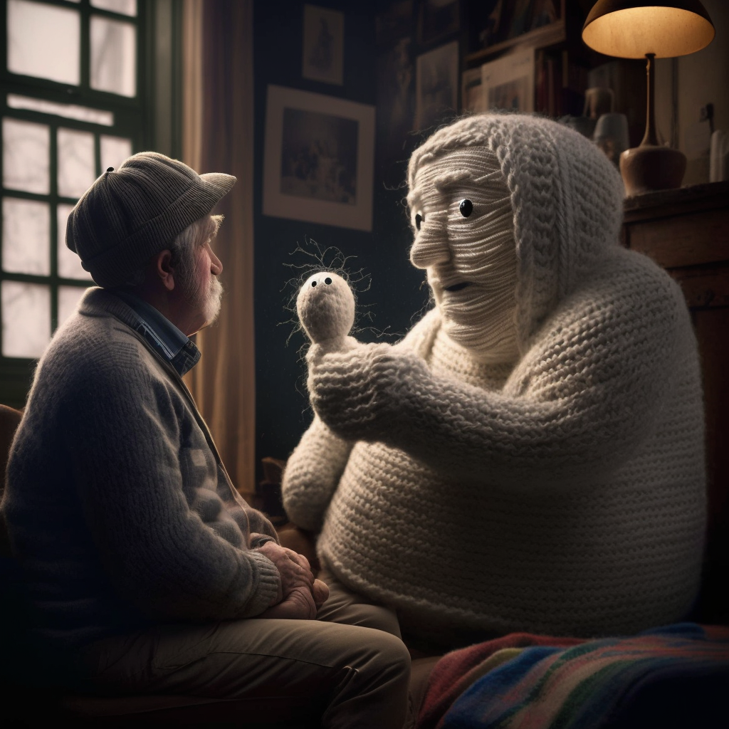 A person talking to a person made out of yarn, representing strategies for communicating with autistic adults.