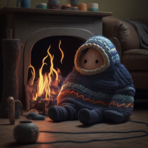 A person made out of yarn looks cozy while sitting next to a fireplace at home.