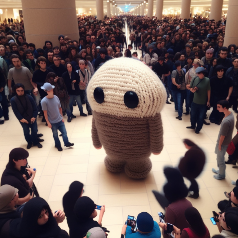 a person made out of yarn standing in a crowd of people, representing late diagnosis of aspergers