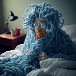 A person made out of yarn sitting up in bed just after waking up, filled with autism morning anxiety.