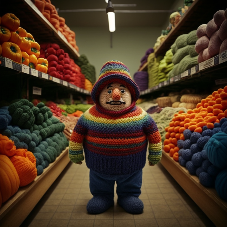 A person made out of yarn standing in the produce aisle of a grocery store.