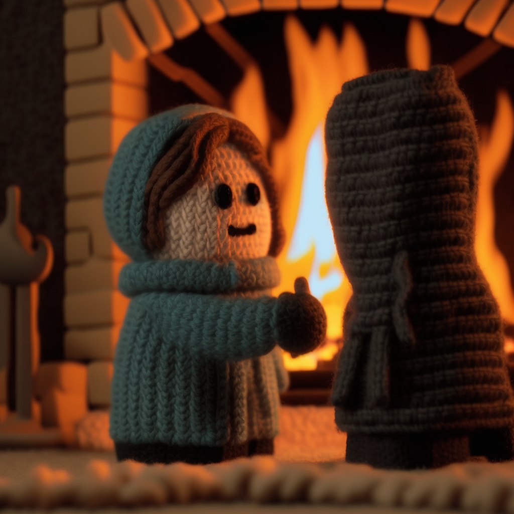 Two people made out of yarn talking in front of a fireplace.