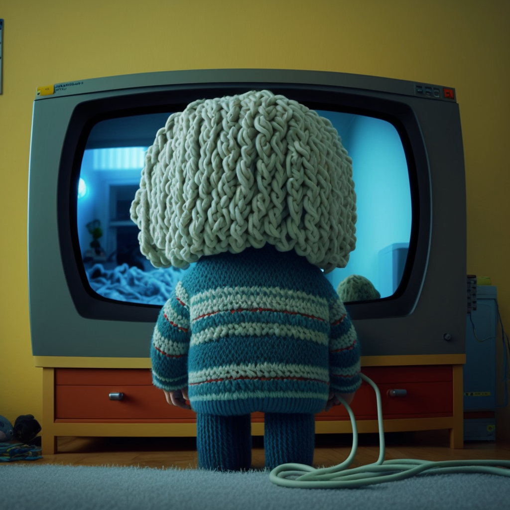 A person made out of yarn watching tv.