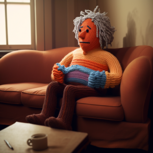 A person made out of yarn sitting on a couch in a psychotherapist's office.