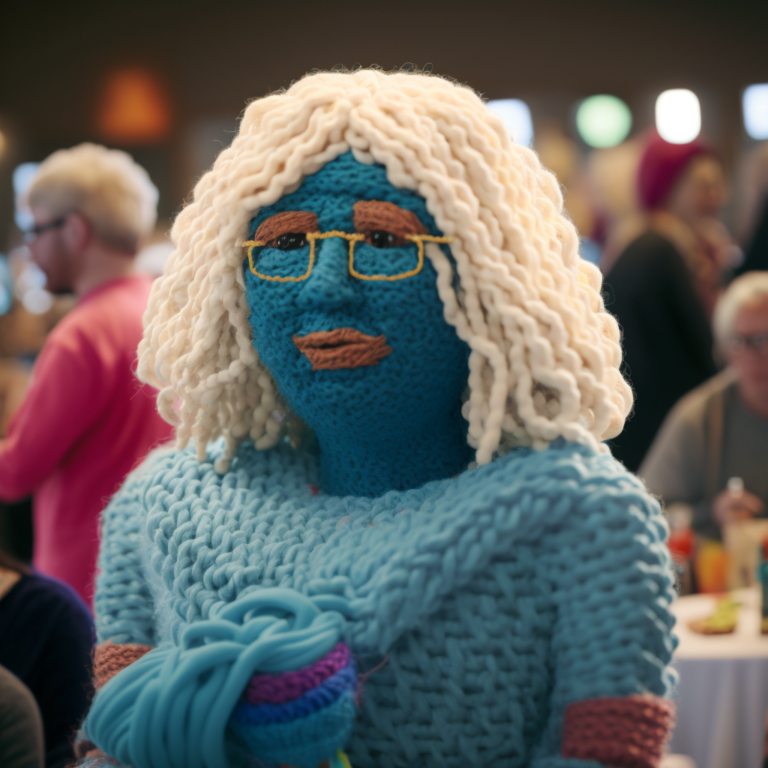 a person made out of yarn at a social event, representing late-diagnosed autism social event support.