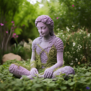 a person made out of yarn meditating in a garden, depicting the concept of mindfulness and autism, as well as the benefits of meditation for late-diagnosed autistic adults.