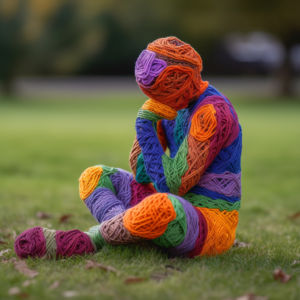 a person made out of yarn sitting in a thoughtful pose, symbolizing understanding autism, aimed at friends and family