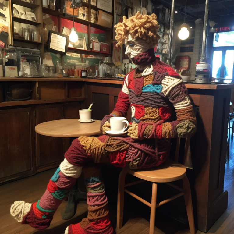 a person made out of yarn sitting at a coffee shop, representing a late-diagnosed autistic adult learning how to overcome social isolation.